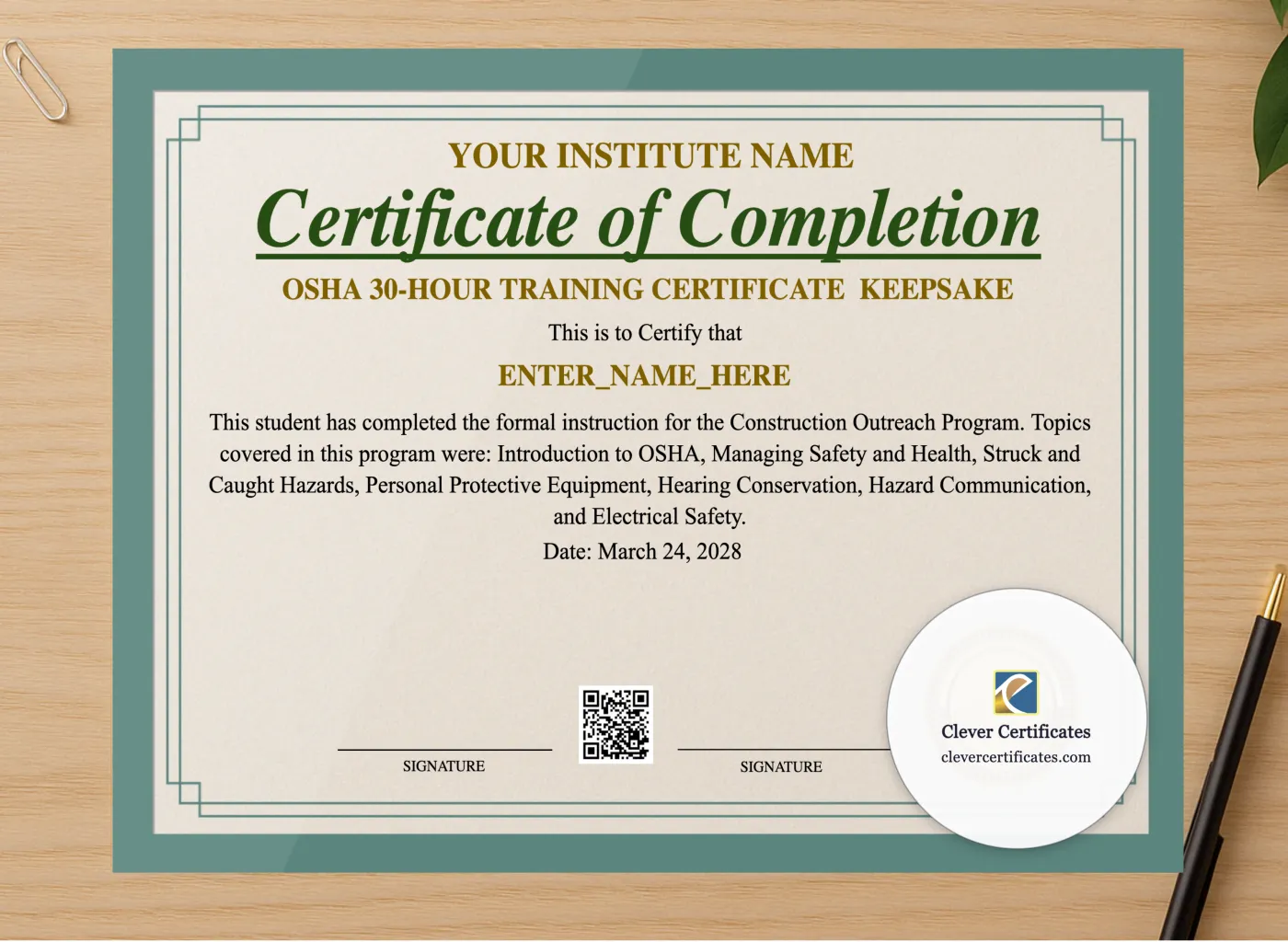 Professional preview of OSHA 30 Hour Training Certificate Keepsake Landscape certificate on high-quality stationery paper, ideal for showcasing the final look.