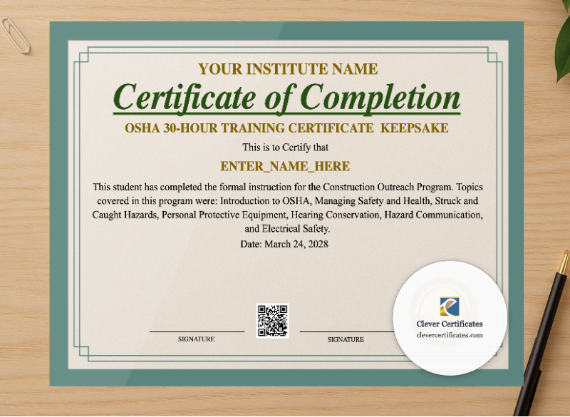 Professional preview of OSHA 30 Hour Training Certificate Keepsake Landscape certificate on high-quality stationery paper, ideal for showcasing the final look.