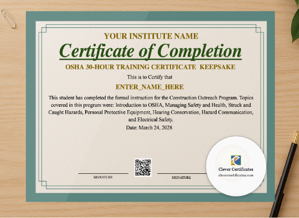 Professional preview of OSHA 30 Hour Training Certificate Keepsake Landscape certificate on high-quality stationery paper, ideal for showcasing the final look.