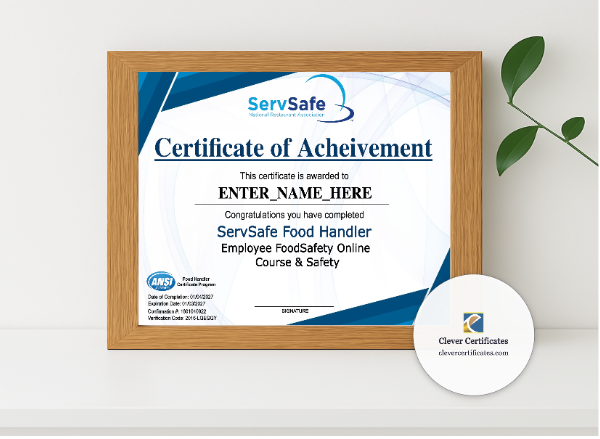 Realistic mockup featuring ServSafe Certificate Keepsake Landscape displayed within a modern frame, set against a minimalistic background.