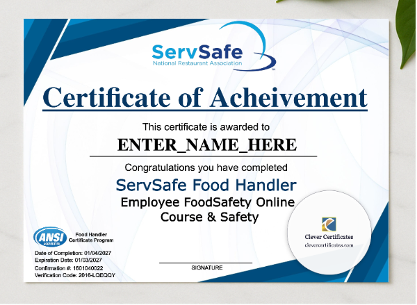 ServSafe Certificate Keepsake Landscape presented in a sleek wooden frame, elegantly arranged on a stylish table.