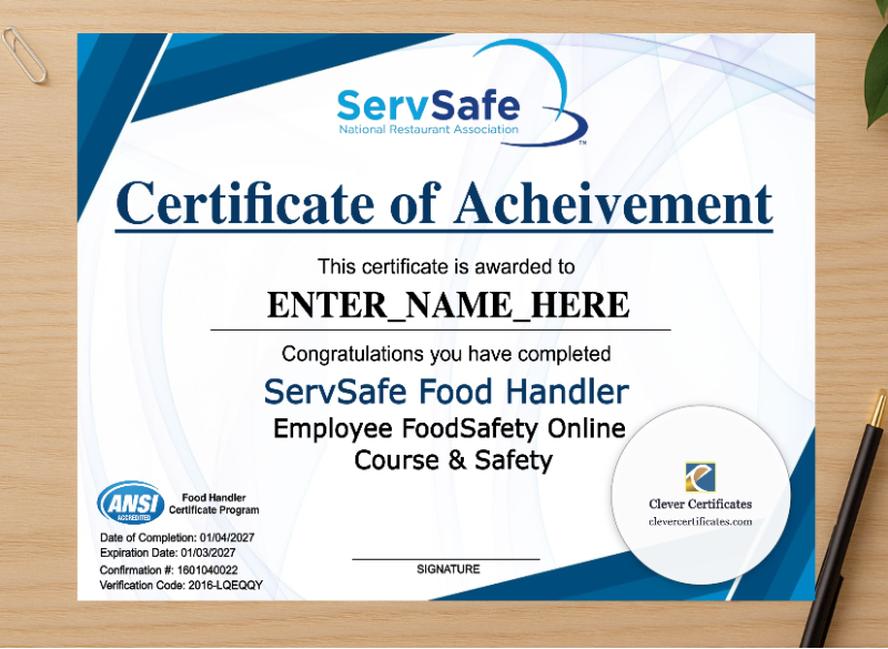 Professional preview of ServSafe Certificate Keepsake Landscape certificate on high-quality stationery paper, ideal for showcasing the final look.