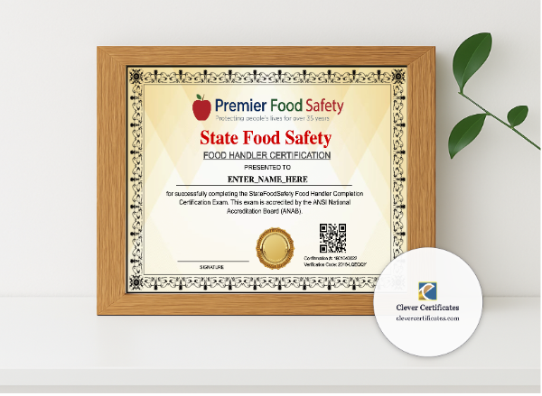 Realistic mockup featuring Food Handler Certificate Keepsake Landscape displayed within a modern frame, set against a minimalistic background.