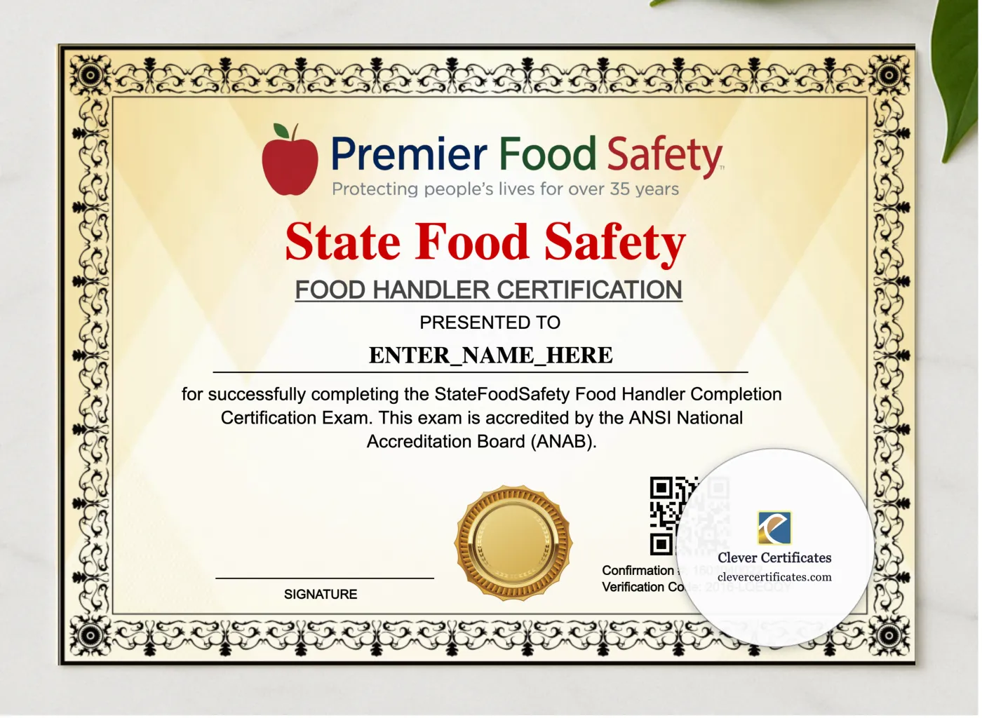 Food Handler Certificate Keepsake Landscape presented in a sleek wooden frame, elegantly arranged on a stylish table.