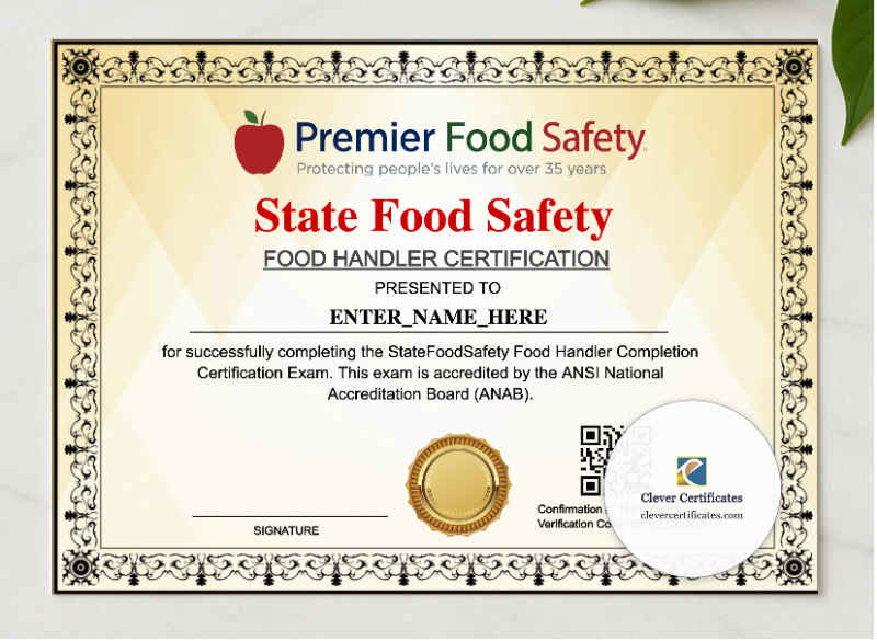 Food Handler Certificate Keepsake Landscape presented in a sleek wooden frame, elegantly arranged on a stylish table.