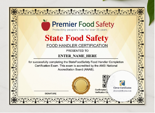 Food Handler Certificate Keepsake Landscape presented in a sleek wooden frame, elegantly arranged on a stylish table.