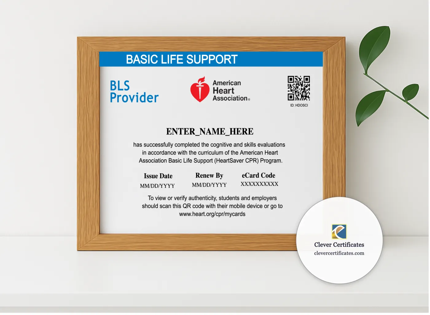 Realistic mockup featuring CPR Certification Keepsake Certificate Landscape displayed within a modern frame, set against a minimalistic background.