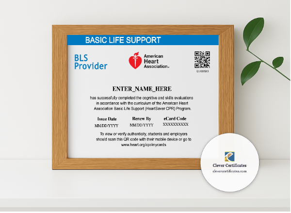 Realistic mockup featuring CPR Certification Keepsake Certificate Landscape displayed within a modern frame, set against a minimalistic background.