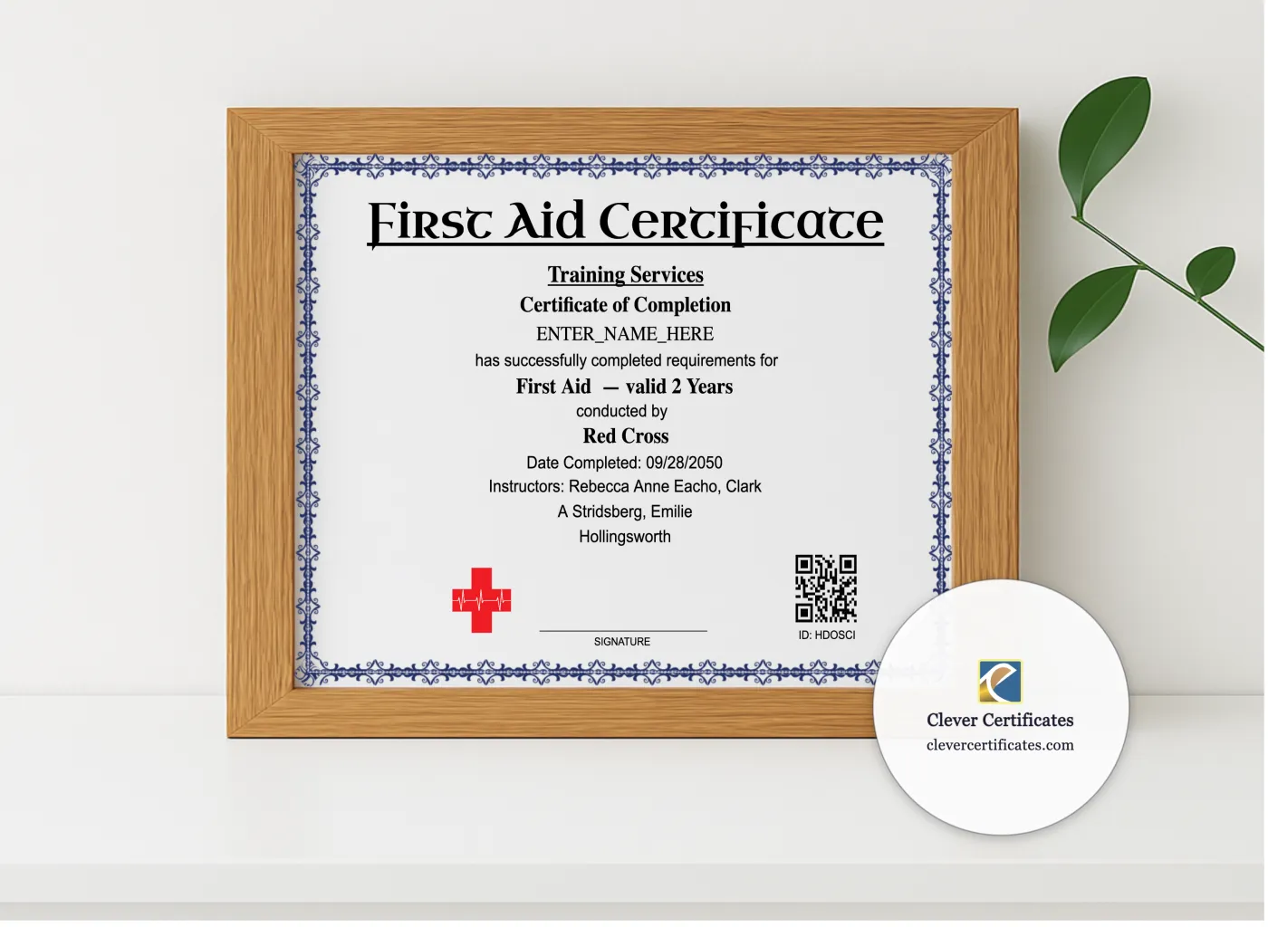 Realistic mockup featuring First Aid Certification Keepsake Certificate displayed within a modern frame, set against a minimalistic background.