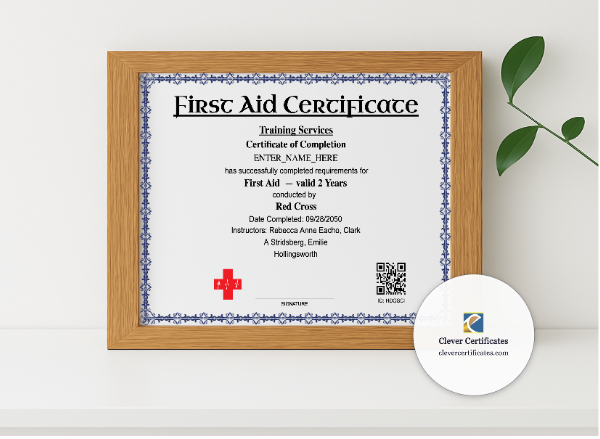 Realistic mockup featuring First Aid Certification Keepsake Certificate displayed within a modern frame, set against a minimalistic background.