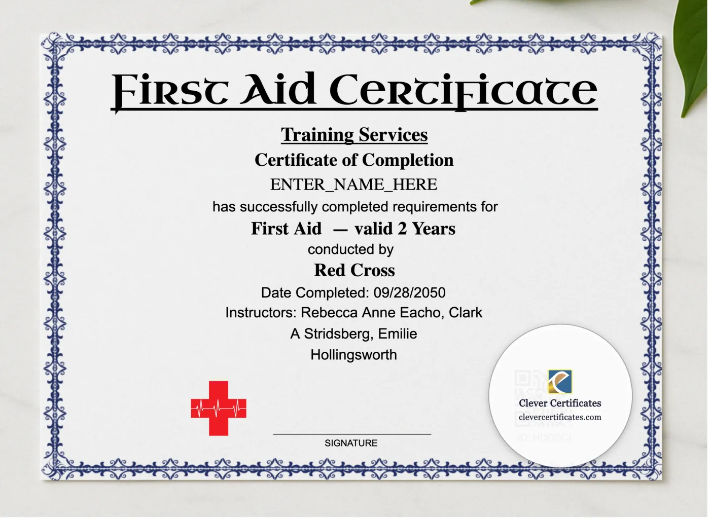 First Aid Certification Keepsake Certificate presented in a sleek wooden frame, elegantly arranged on a stylish table.