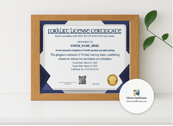 Realistic mockup featuring Forklift Certification Keepsake Certificate Landscape displayed within a modern frame, set against a minimalistic background.