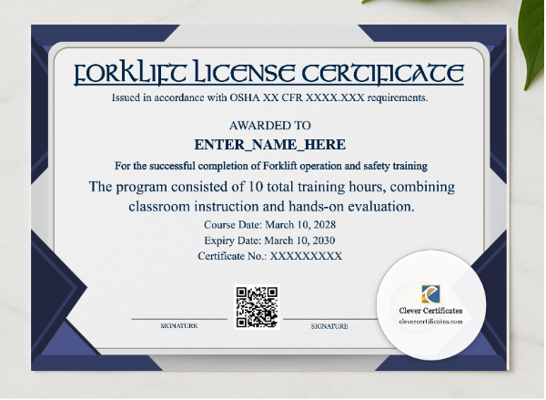 Forklift Certification Keepsake Certificate Landscape presented in a sleek wooden frame, elegantly arranged on a stylish table.