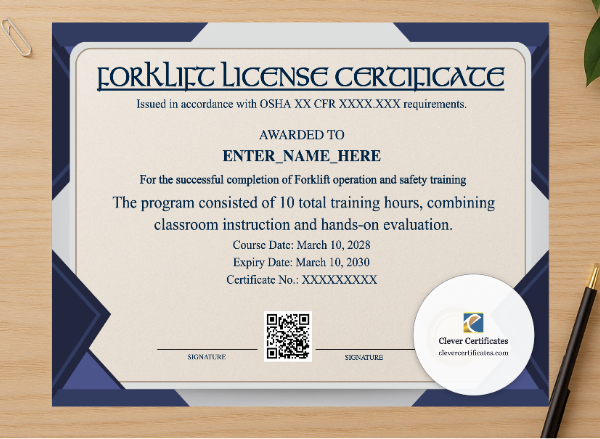 Professional preview of Forklift Certification Keepsake Certificate Landscape certificate on high-quality stationery paper, ideal for showcasing the final look.