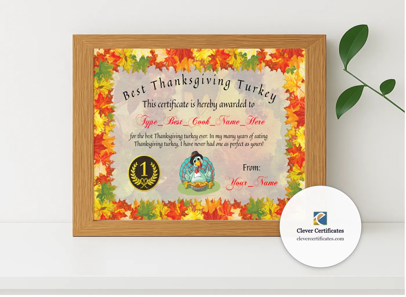 Realistic mockup featuring Best Thanksgiving Turkey Award displayed within a modern frame, set against a minimalistic background.