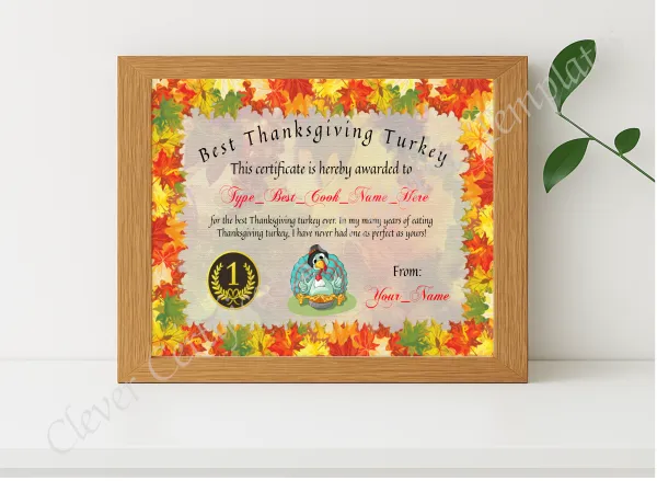 Realistic mockup featuring Best Thanksgiving Turkey Award displayed within a modern frame, set against a minimalistic background.