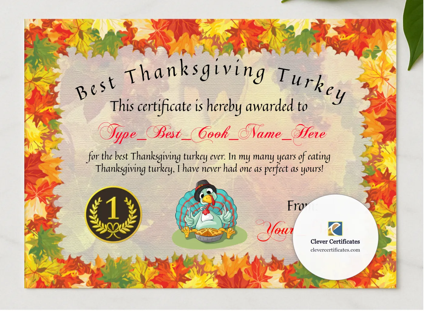 Best Thanksgiving Turkey Award presented in a sleek wooden frame, elegantly arranged on a stylish table.
