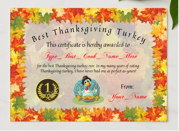 Best Thanksgiving Turkey Award presented in a sleek wooden frame, elegantly arranged on a stylish table.