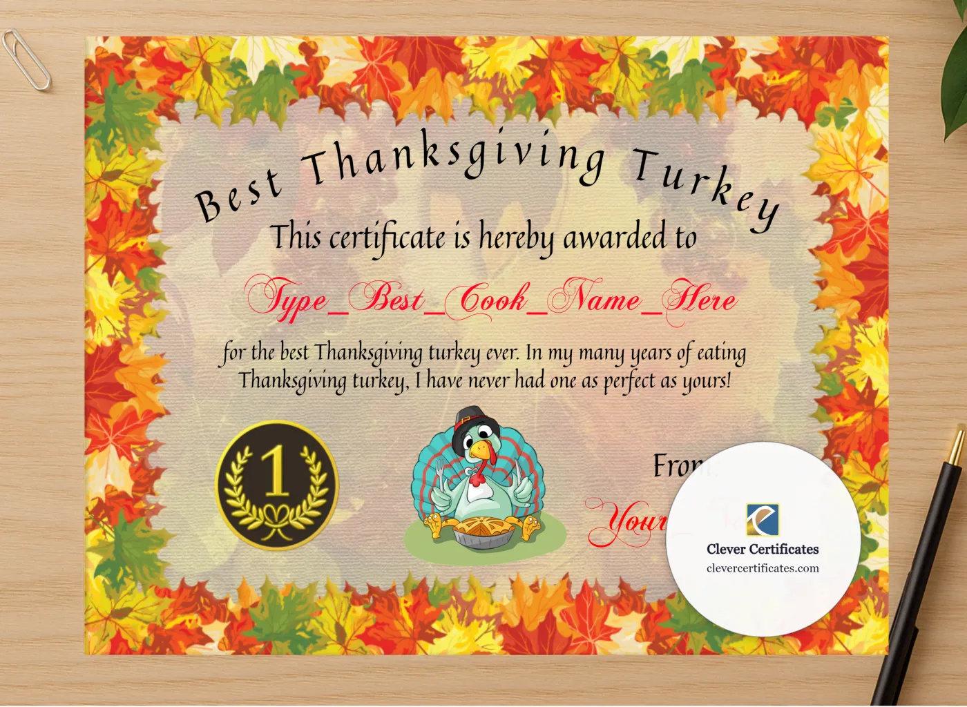 Professional preview of Best Thanksgiving Turkey Award certificate on high-quality stationery paper, ideal for showcasing the final look.