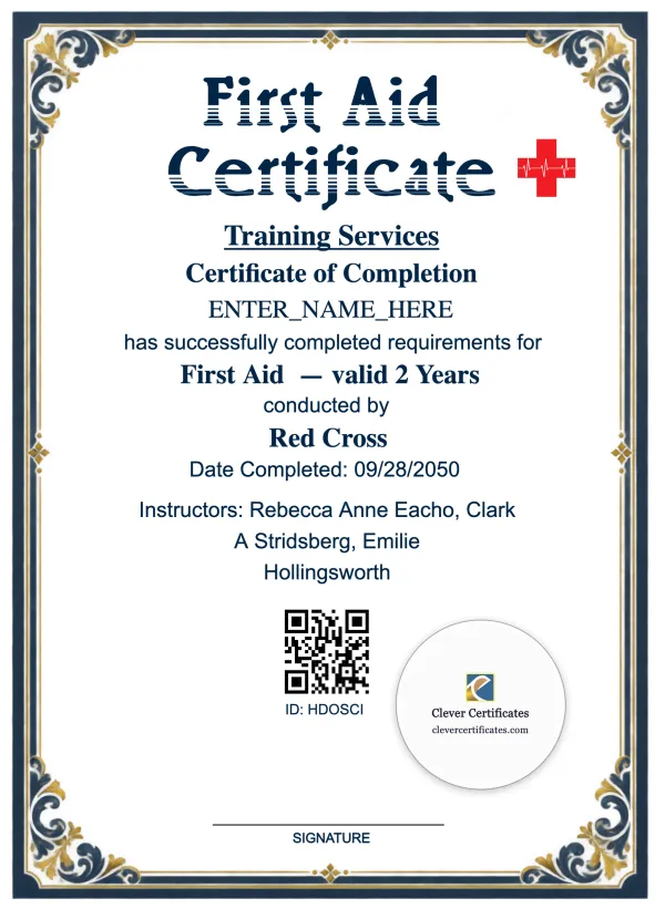 First Aid Certification Keepsake Certificate Portrait — Certificate Template Preview