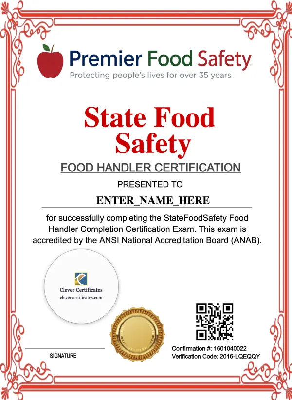 Food Handler Certificate Keepsake Portrait — Certificate Template Preview