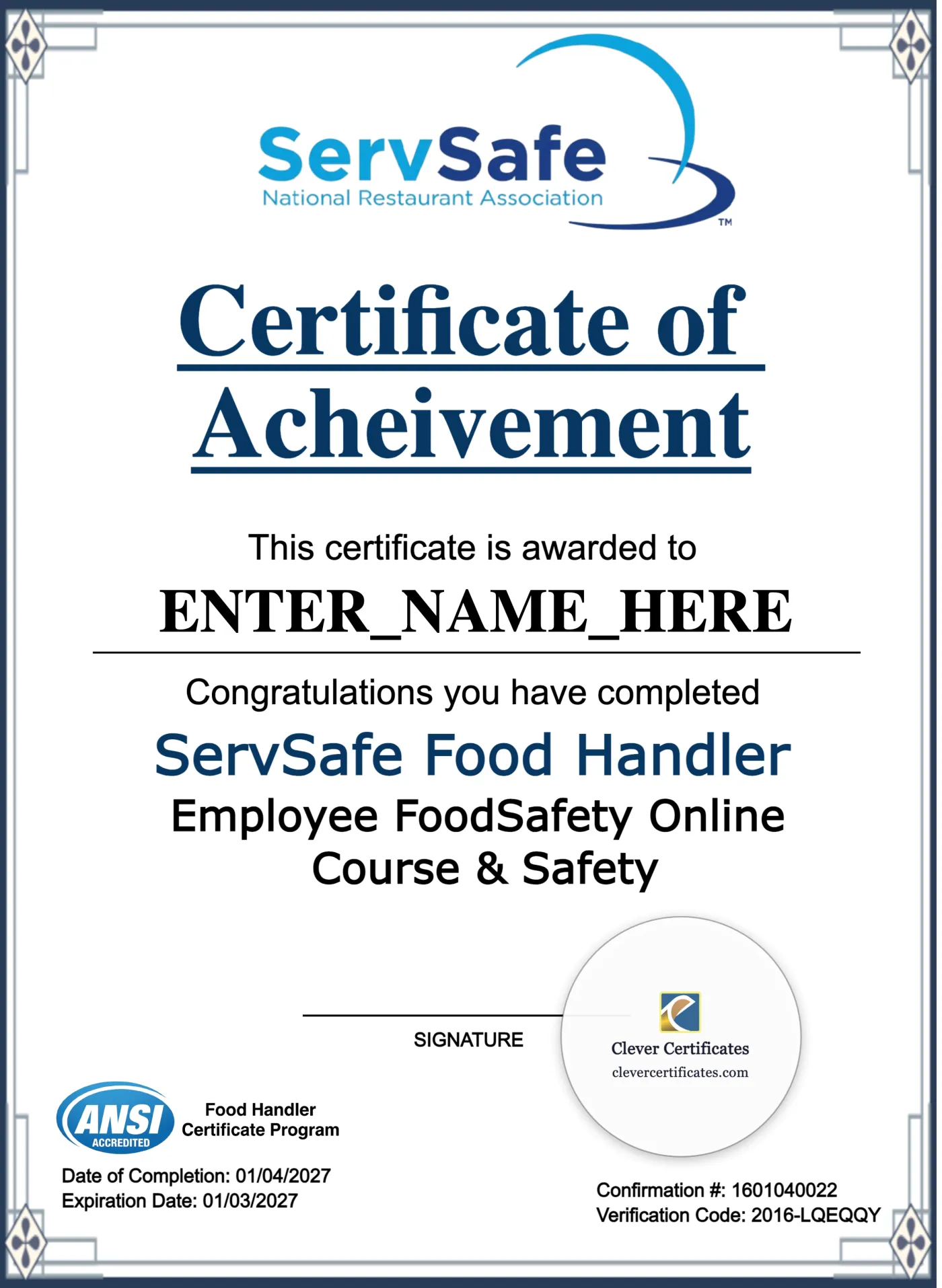 ServSafe Certificate Keepsake Portrait — Certificate Template Preview