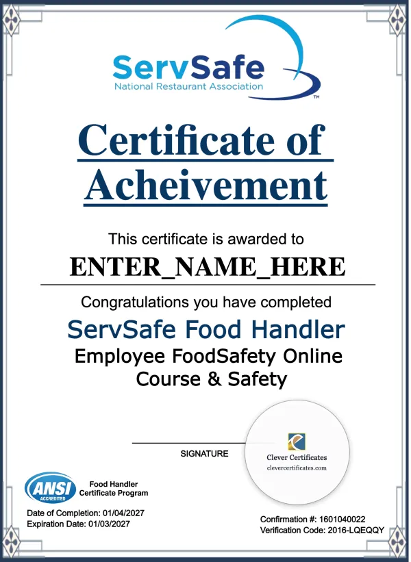 ServSafe Certificate Keepsake Portrait — Certificate Template Preview