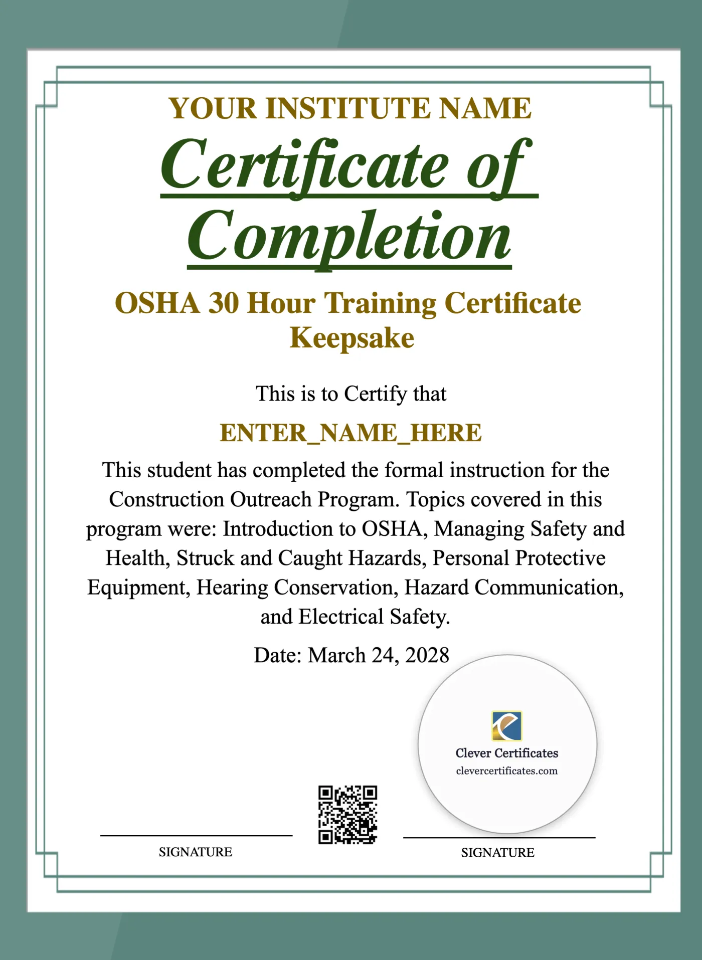 OSHA 30 Hour Training Certificate Keepsake Portrait — Certificate Template Preview