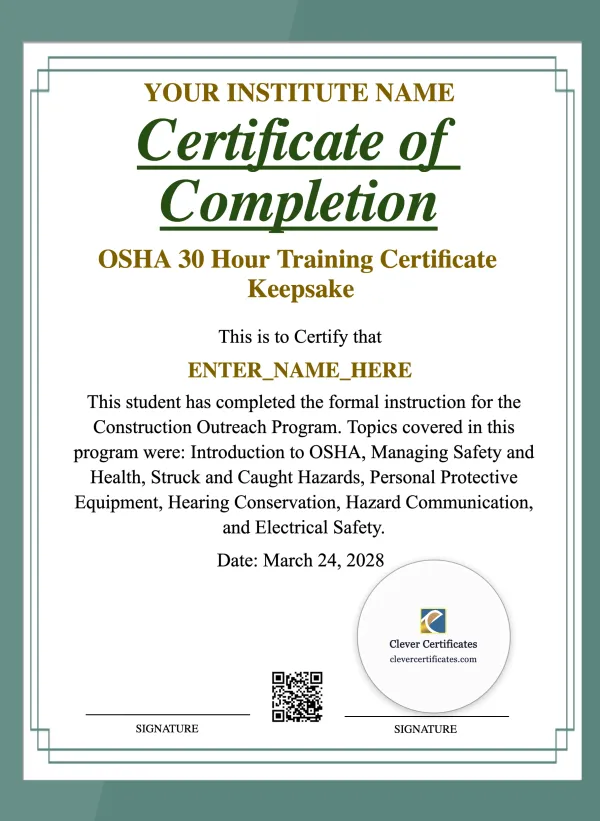 OSHA 30 Hour Training Certificate Keepsake Portrait — Certificate Template Preview