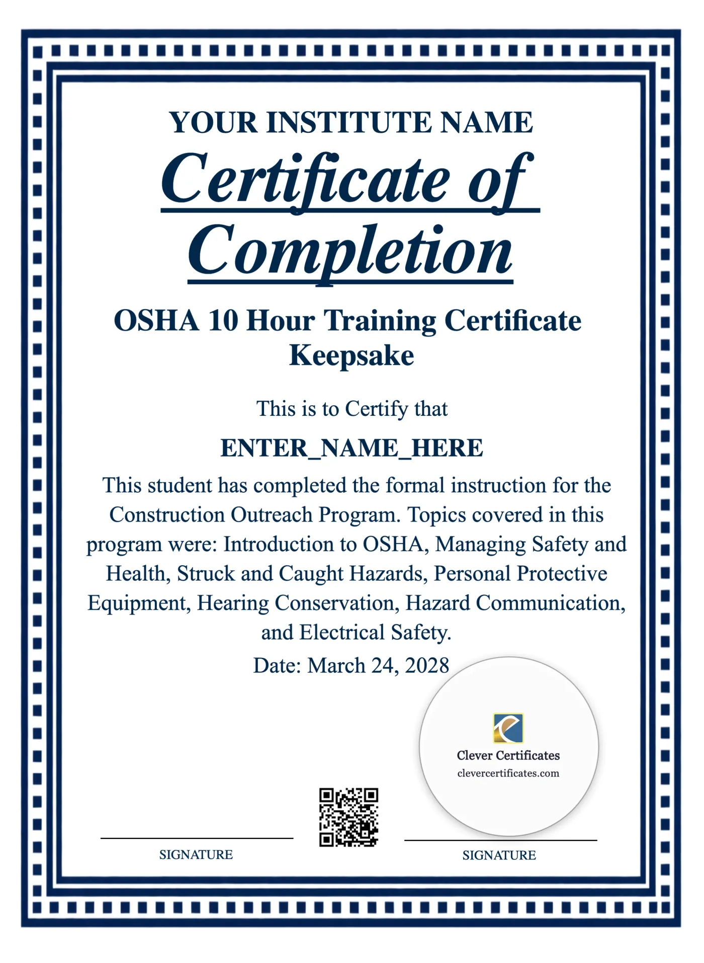OSHA 10 Hour Training Certificate Keepsake Portrait — Certificate Template Preview