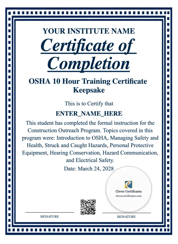 OSHA 10 Hour Training Certificate Keepsake Portrait — Certificate Template Preview
