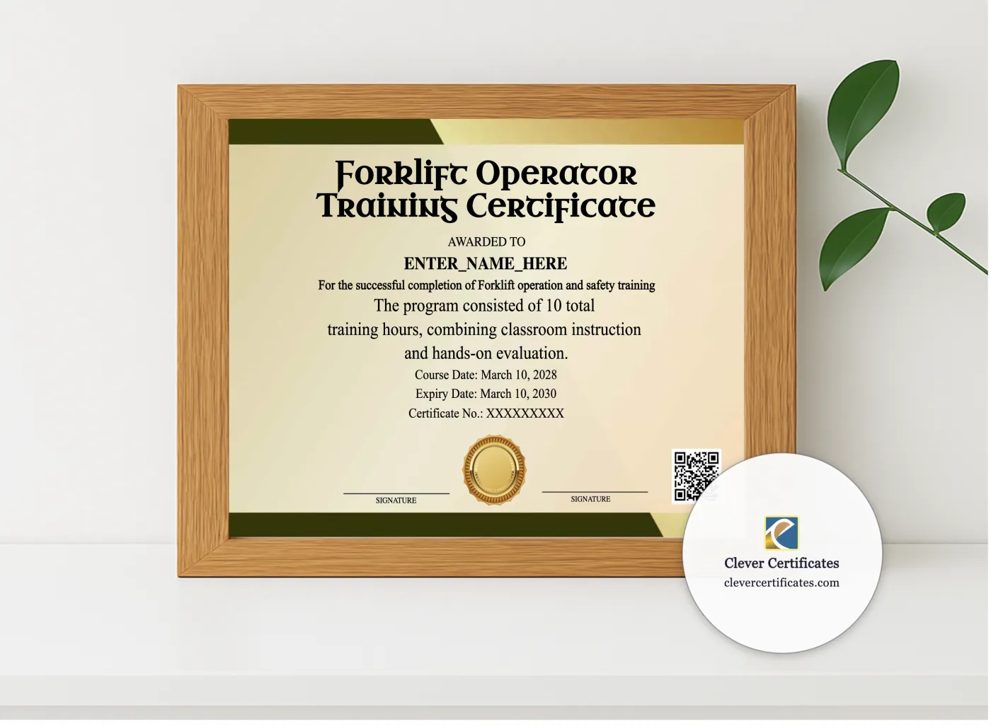 Realistic mockup featuring Forklift Operator Training Certificate Lanscape displayed within a modern frame, set against a minimalistic background.