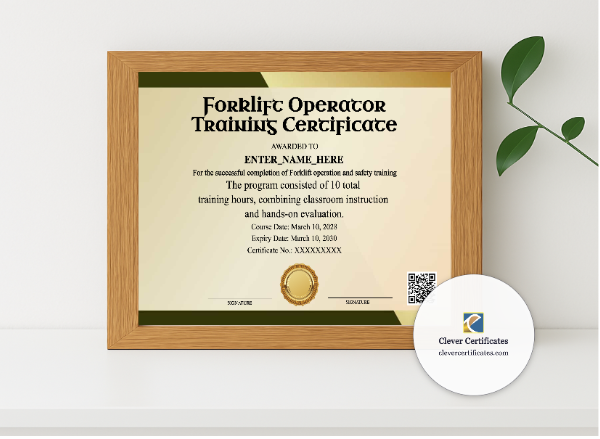 Realistic mockup featuring Forklift Operator Training Certificate Lanscape displayed within a modern frame, set against a minimalistic background.