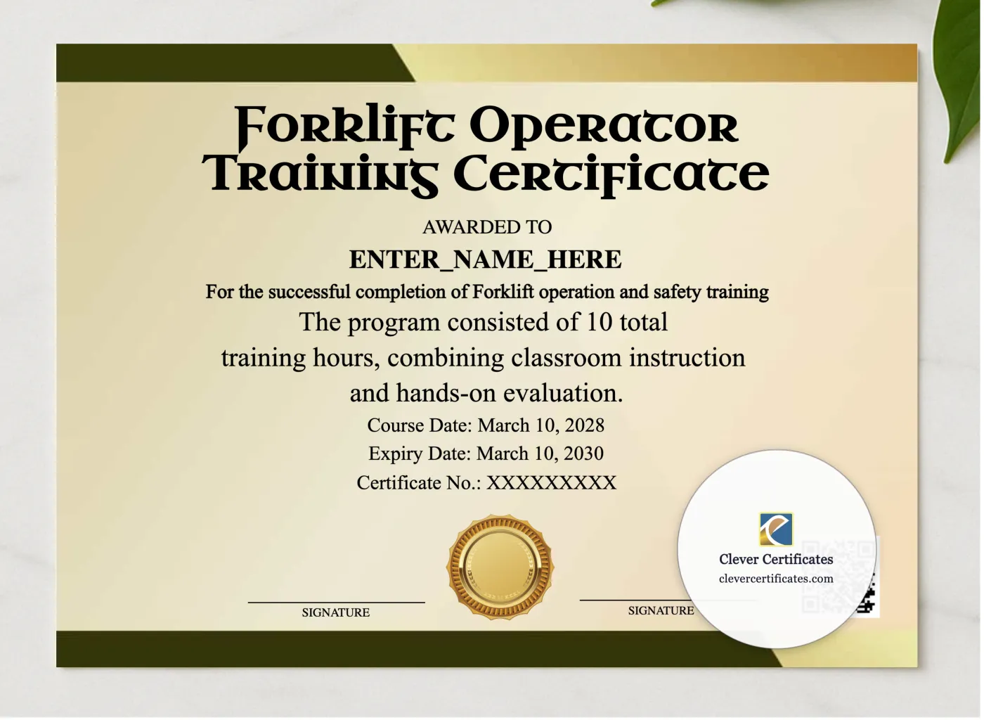 Forklift Operator Training Certificate Lanscape presented in a sleek wooden frame, elegantly arranged on a stylish table.