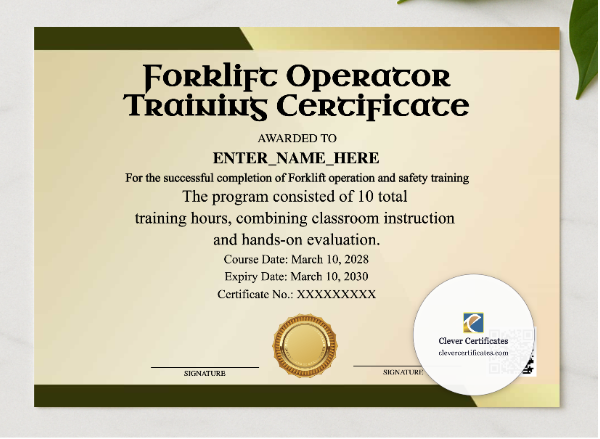 Forklift Operator Training Certificate Lanscape presented in a sleek wooden frame, elegantly arranged on a stylish table.