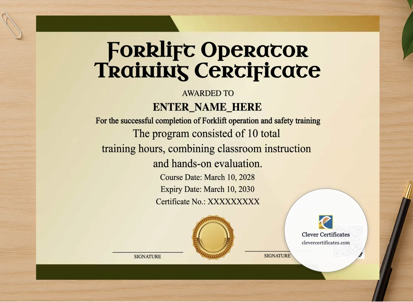 Professional preview of Forklift Operator Training Certificate Lanscape certificate on high-quality stationery paper, ideal for showcasing the final look.