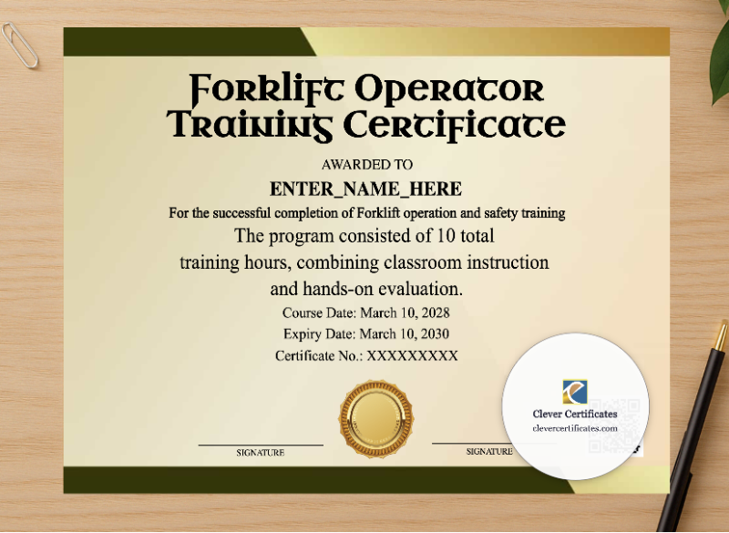 Professional preview of Forklift Operator Training Certificate Lanscape certificate on high-quality stationery paper, ideal for showcasing the final look.