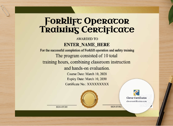 Professional preview of Forklift Operator Training Certificate Lanscape certificate on high-quality stationery paper, ideal for showcasing the final look.
