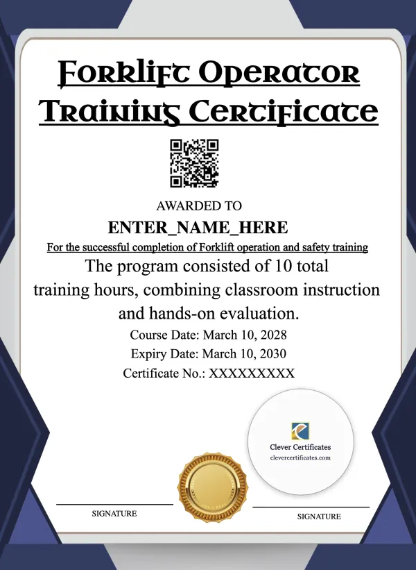 Forklift Operator Training Certificate Portrait — Certificate Template Preview