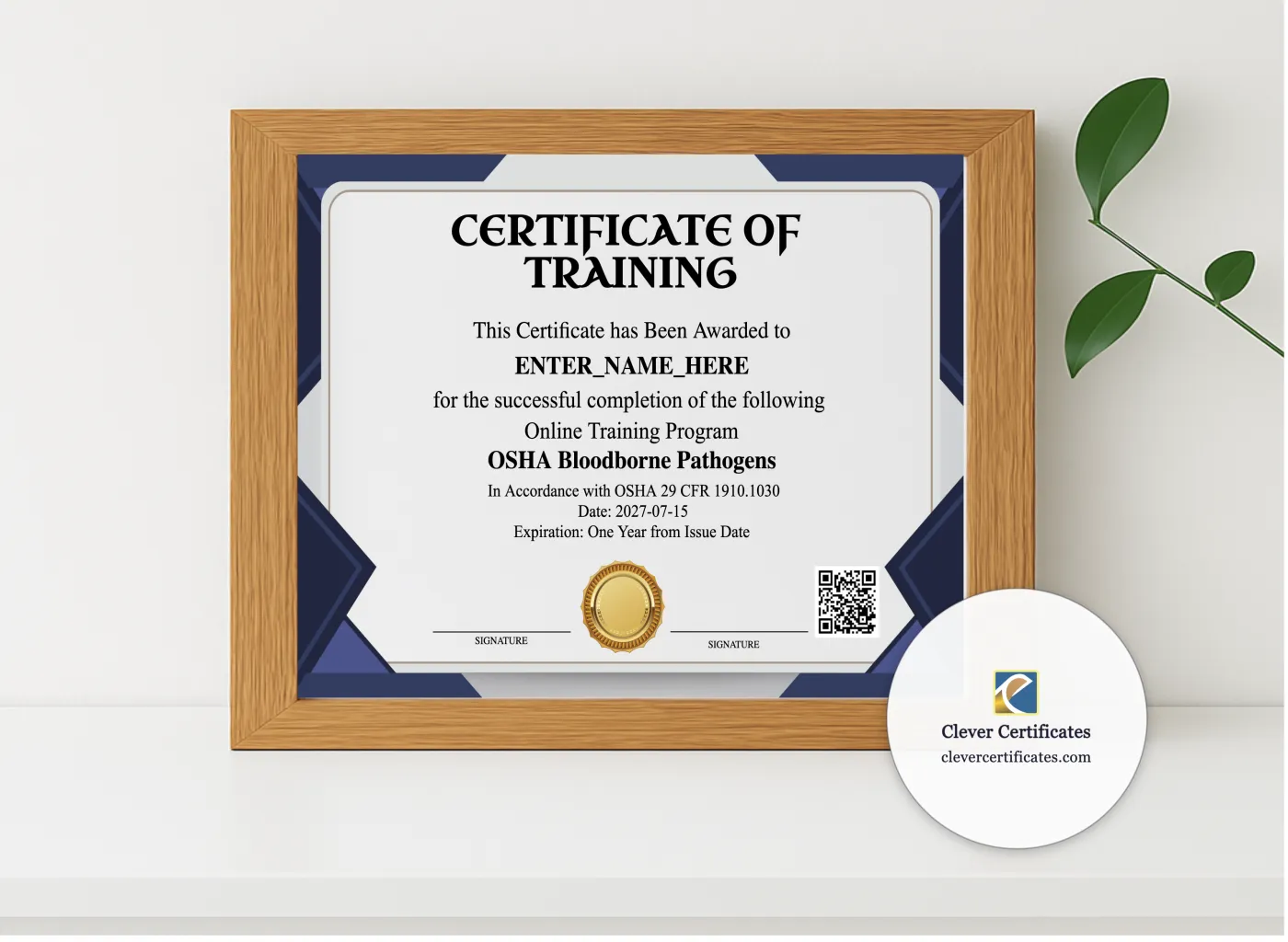 Realistic mockup featuring Bloodborne Pathogens Training Certificate Landscape displayed within a modern frame, set against a minimalistic background.