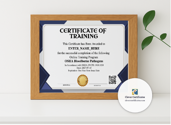 Realistic mockup featuring Bloodborne Pathogens Training Certificate Landscape displayed within a modern frame, set against a minimalistic background.