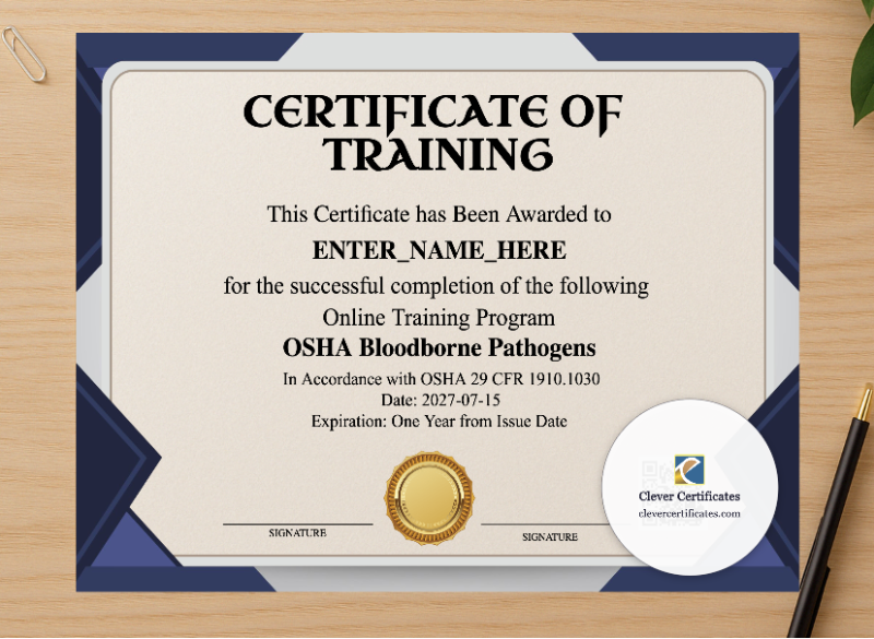 Professional preview of Bloodborne Pathogens Training Certificate Landscape certificate on high-quality stationery paper, ideal for showcasing the final look.