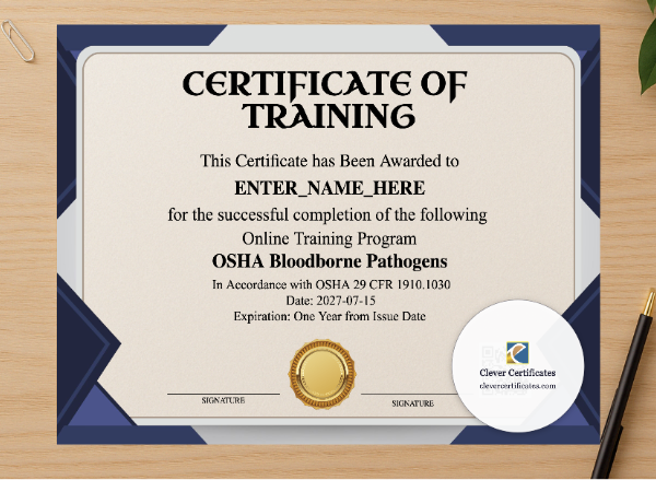 Professional preview of Bloodborne Pathogens Training Certificate Landscape certificate on high-quality stationery paper, ideal for showcasing the final look.