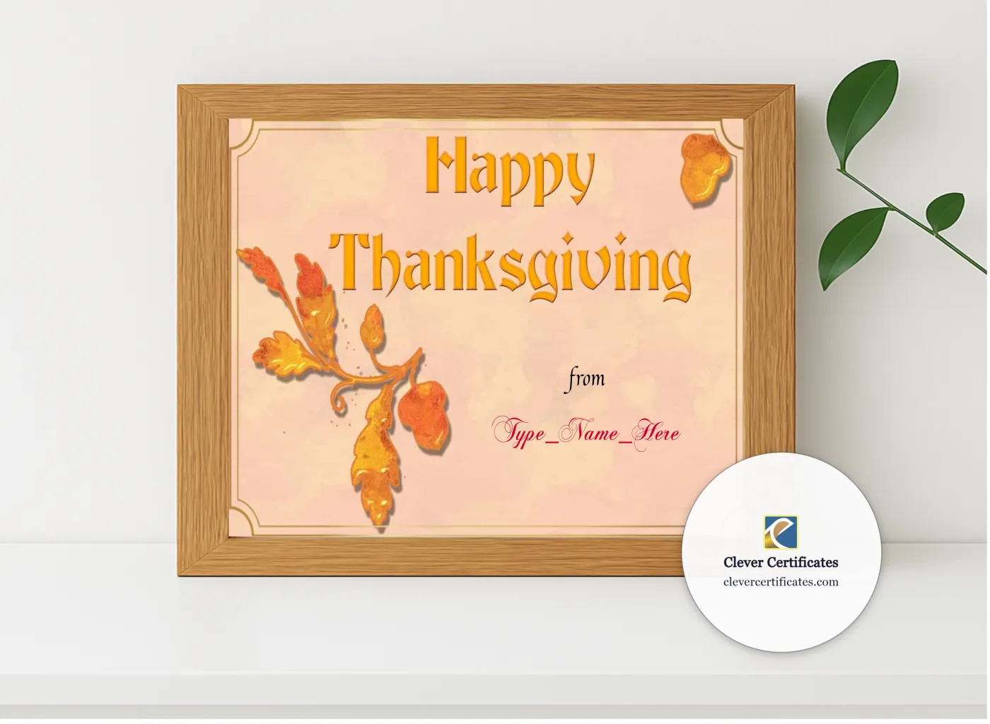 Realistic mockup featuring Happy Thanksgiving Certificate displayed within a modern frame, set against a minimalistic background.