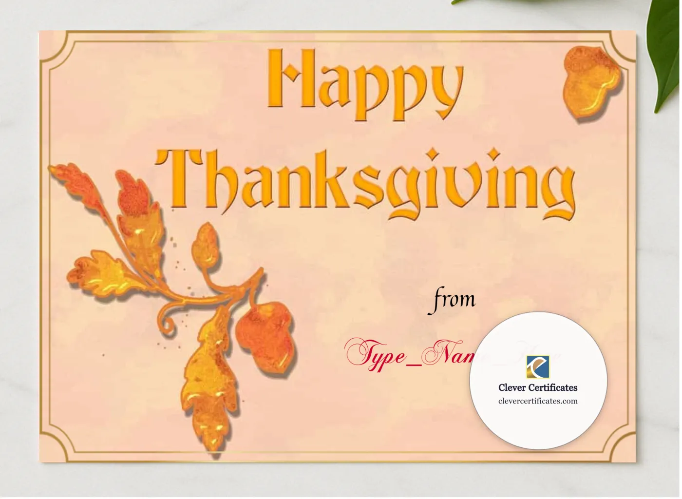 Happy Thanksgiving Certificate presented in a sleek wooden frame, elegantly arranged on a stylish table.