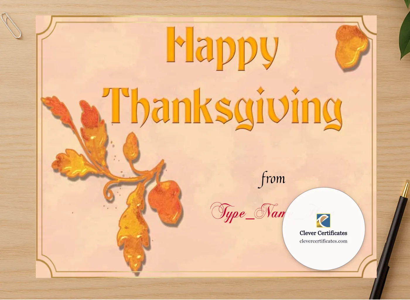 Professional preview of Happy Thanksgiving Certificate certificate on high-quality stationery paper, ideal for showcasing the final look.