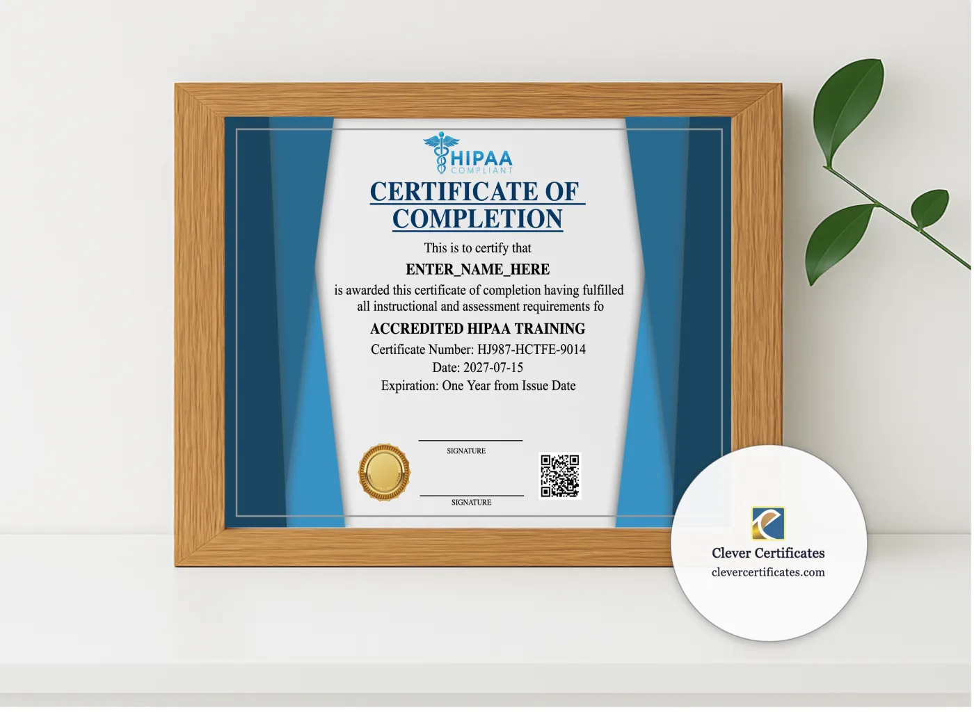 Realistic mockup featuring HIPAA Training Certificate Landscape displayed within a modern frame, set against a minimalistic background.