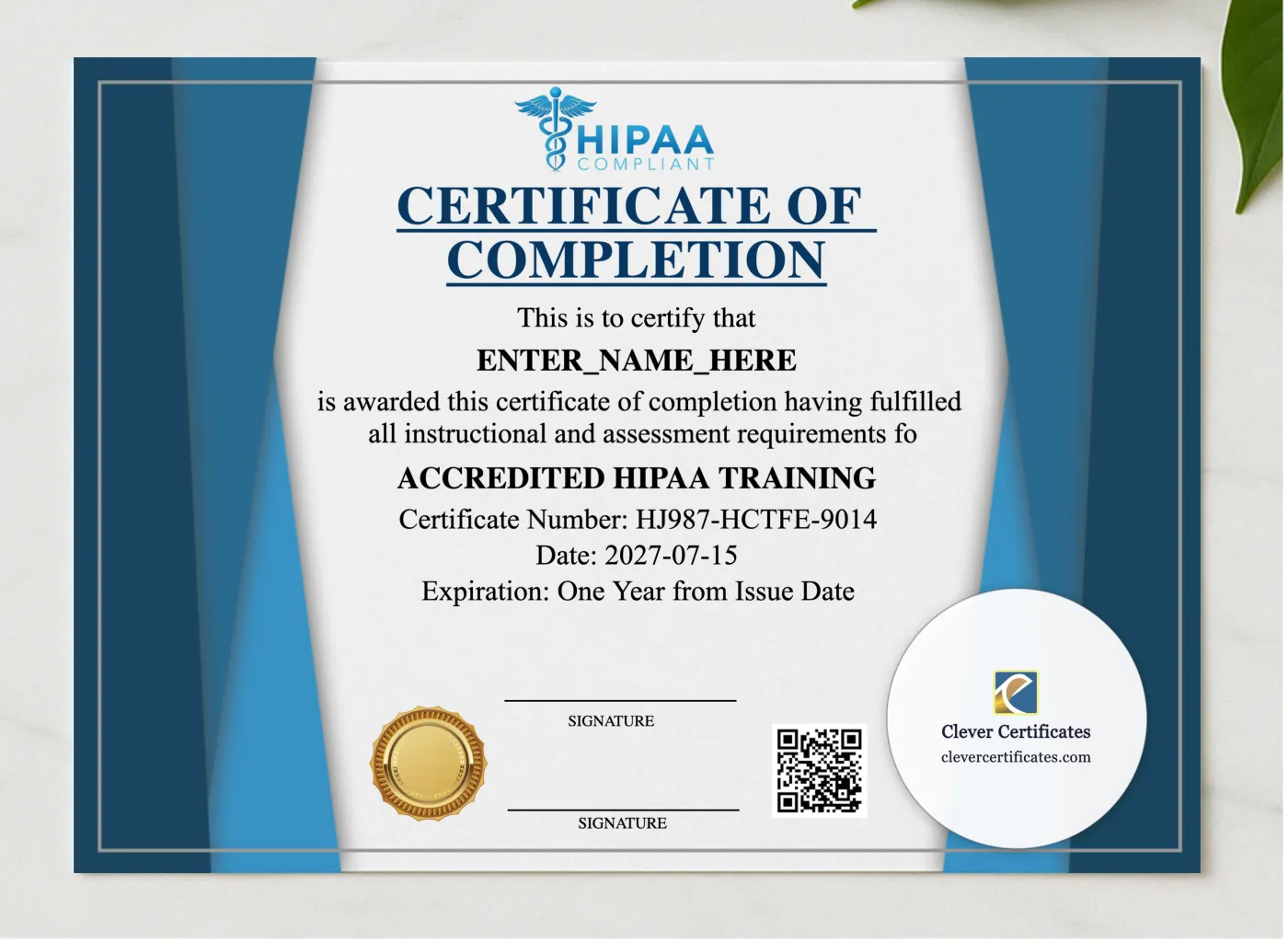 HIPAA Training Certificate Landscape presented in a sleek wooden frame, elegantly arranged on a stylish table.