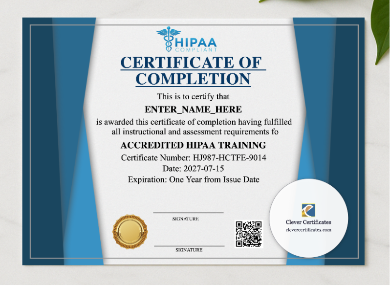 HIPAA Training Certificate Landscape presented in a sleek wooden frame, elegantly arranged on a stylish table.