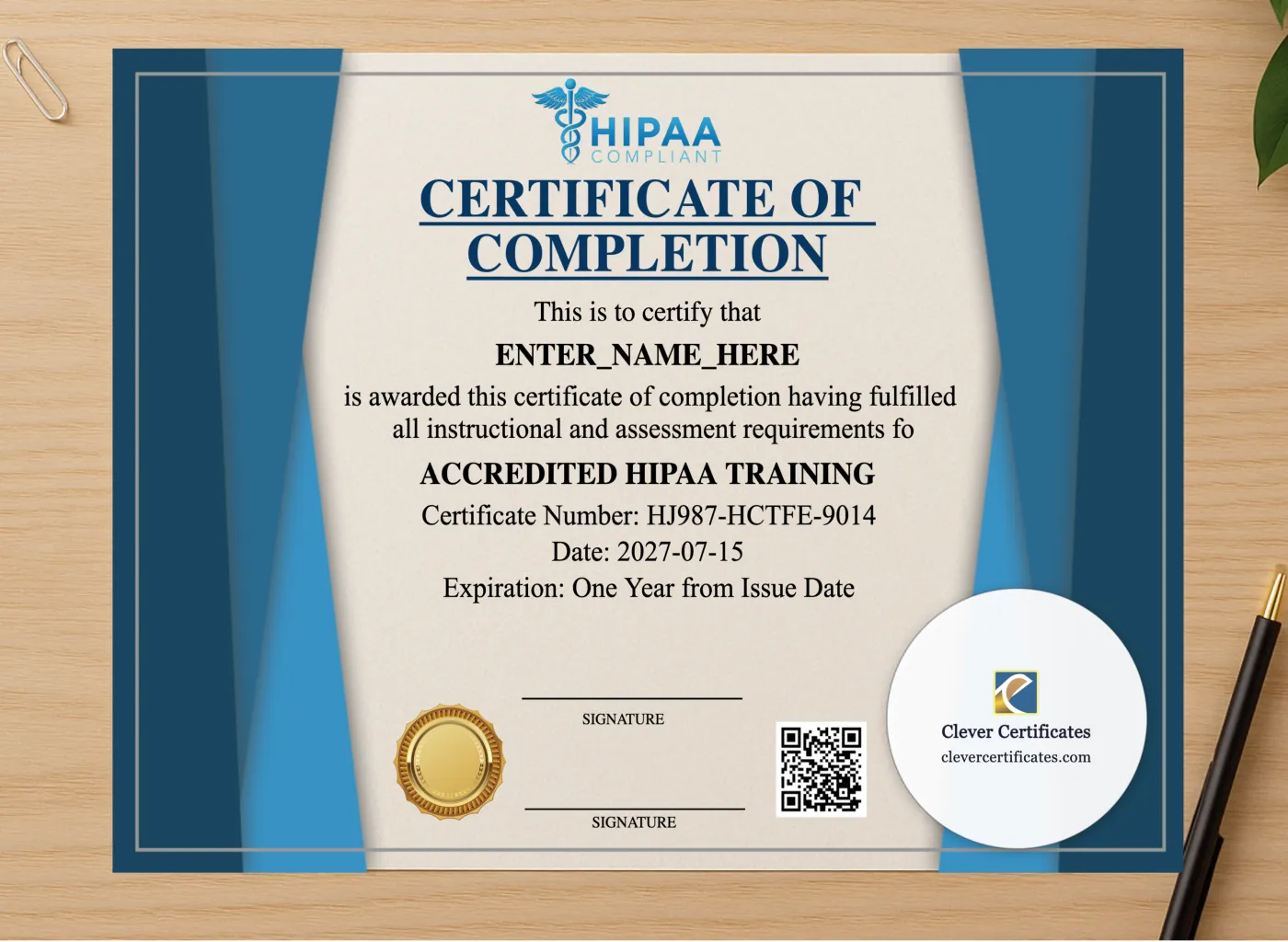 Professional preview of HIPAA Training Certificate Landscape certificate on high-quality stationery paper, ideal for showcasing the final look.